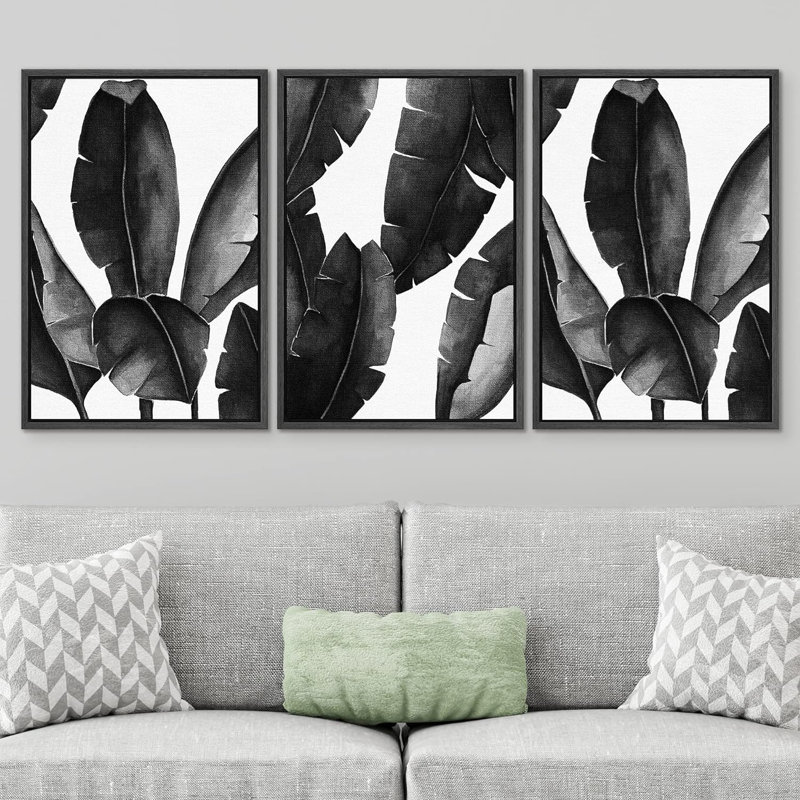 "Minimal Botanical", impression sur toile encadrée moderne, noir et blanc, feuille de bananier, 3 pièces, Noir
