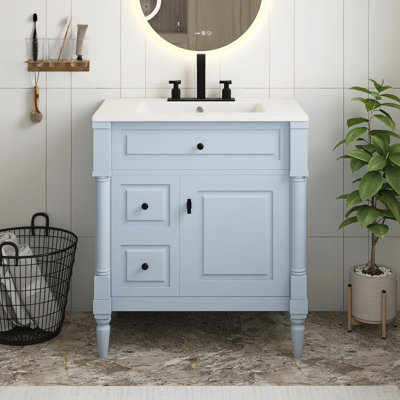 Meuble-lavabo autoportant en MDF bleu gris de 30 po avec lavabo, armoire de salle de bain avec tiroir rabattable et tablette réglable, structure en bois d'hévéa massif et poignées en métal