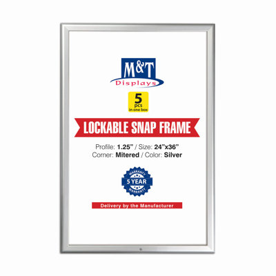 M&T Displays 24x36 Inch Silver Aluminum Lockable Snap Frame, 1.25" Profile, Wall Mounting, Front-Loading Poster, Picture, Certificate, Document Frame with Anti-Glare Cover - 5 Pack