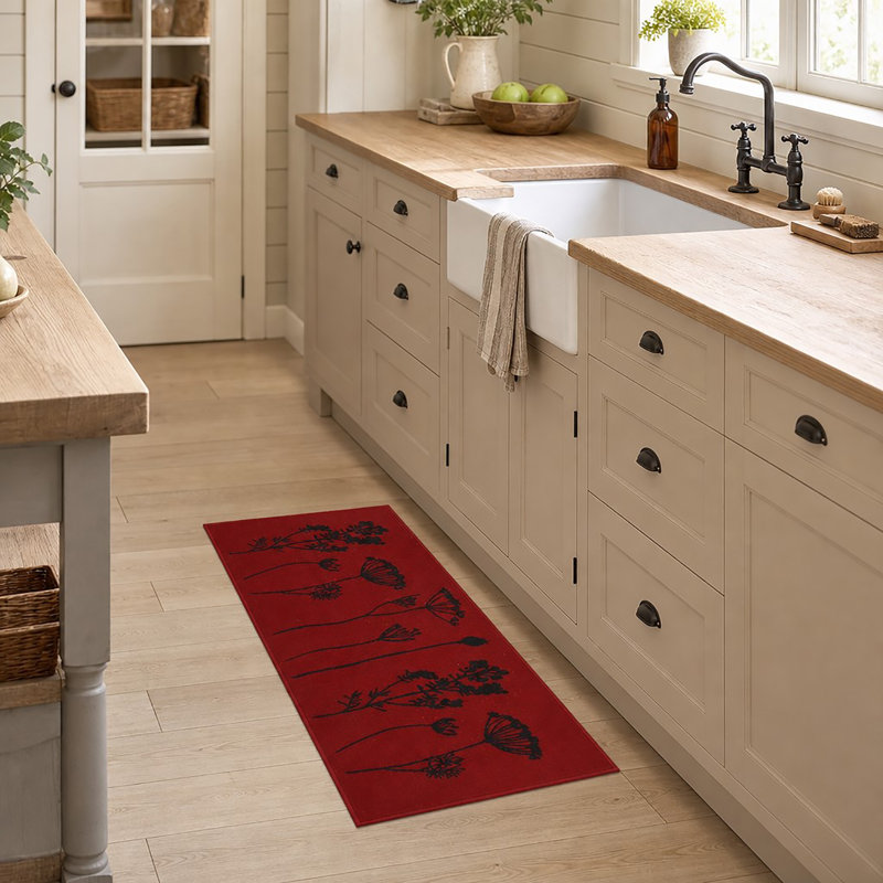 Wildflowers Long Runner Kitchen Mat, Red/Black