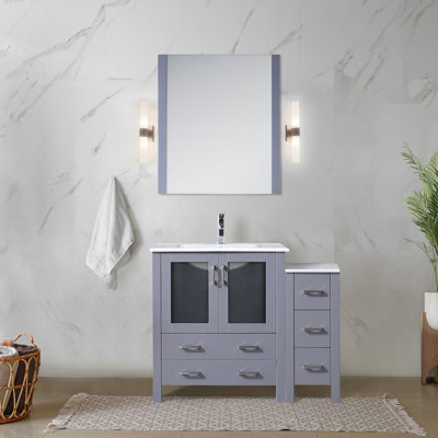 Meuble-lavabo simple 42 po L Gris foncé avec armoire latérale, plateau en céramique blanche, façade en bois massif, fonctionnalité de tiroir à fermeture en douceur, une armoire intérieure et cinq tiroirs pour un avantage de rangement, Scratch