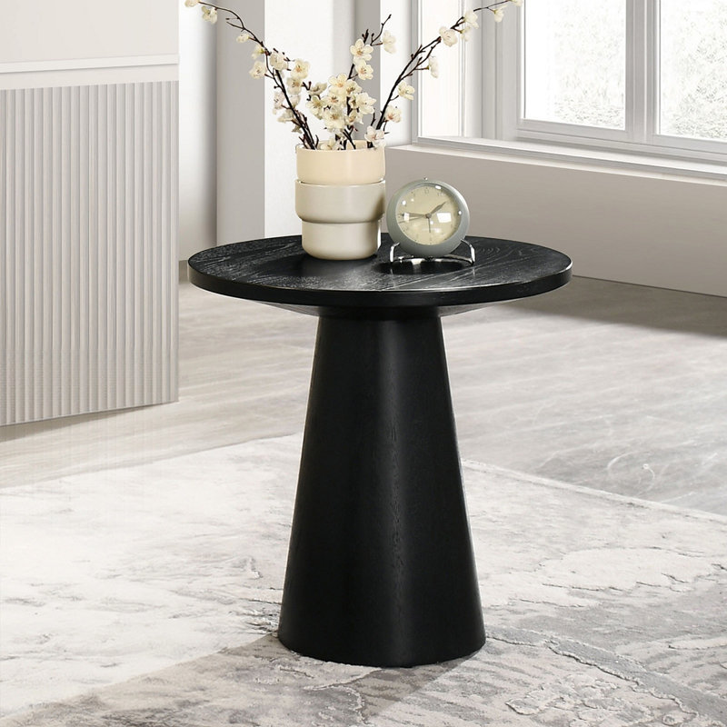 Table de bout ronde à piédestal unique avec structure en bois d'hévéa de style contemporain, Noir