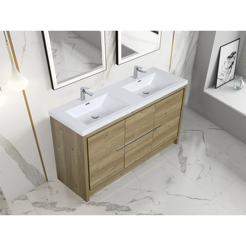 Meuble-lavabo double en chêne naturel 59 "avec lavabo intégré Allier