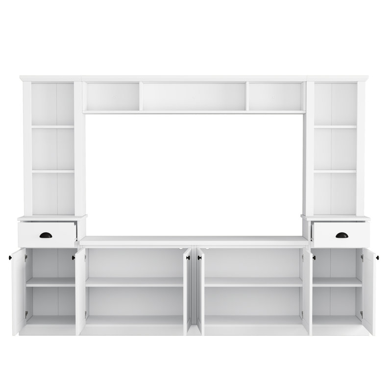 Meuble télé mural élégant pour téléviseurs de 75 pouces, blanc, avec étagères ajustables et grand espace de rangement. Console de télévision avec pont supérieur.