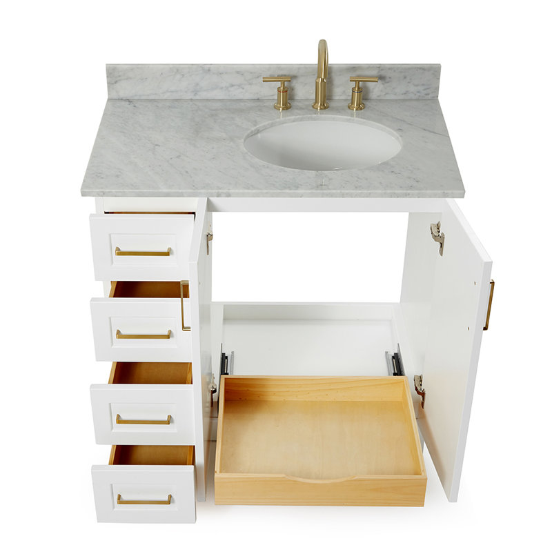 Meuble-lavabo simple en bois massif 37 po Freitas blanc avec plateau en marbre de Carrare 0,75 po, évier droit décalé, Oui