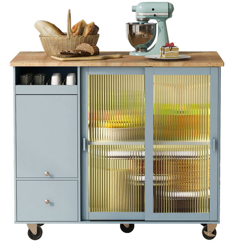 Chariot multifonctionnel pour îlot de cuisine avec 2 portes et 2 tiroirs, Blue/Grey