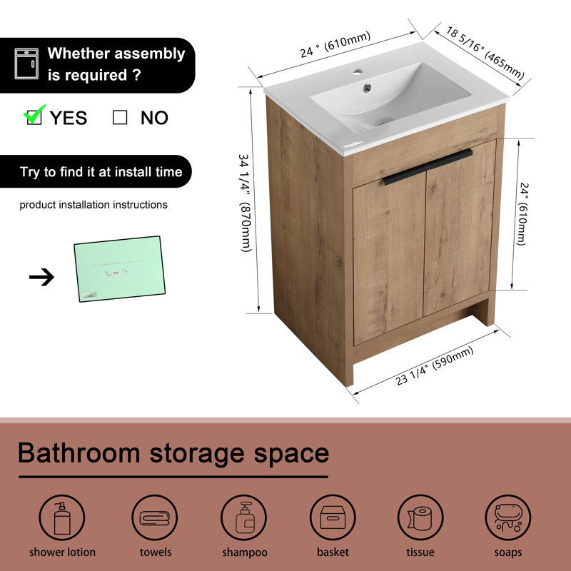 Rivanna 24.34'' Single Bathroom Vanity with Ceramic Top, Imitative Oaken