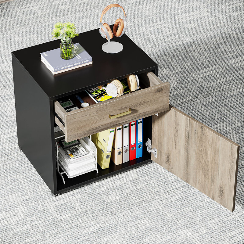 71'' Corner Desk with File Cabinet, Large L Shaped Desk with Mobile Filing Cabinet for Home Office, Gray/Black