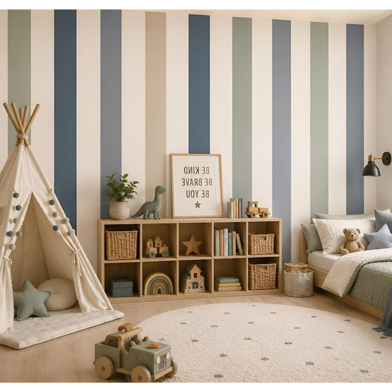 Ensemble de 10 décalcomanies murales à rayures verticales 96 pouces Wilderness, H 96 po x l 50 po, Blue/Green/Beige/Grey