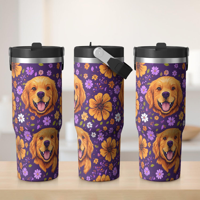 Gobelet 30 oz avec couvercle et poignée Gobelets isothermes en acier inoxydable Bouteille d'eau mignonne avec rabat (chien)