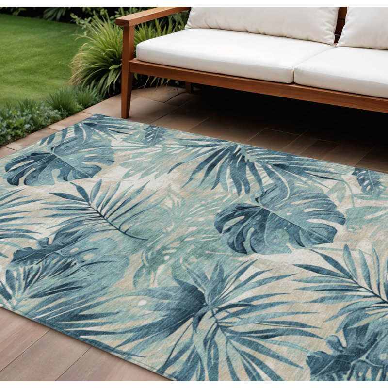 Tapis intérieur/extérieur lavable, 2,44 m x 3,05 m, à motifs floraux bleu sarcelle et ivoire