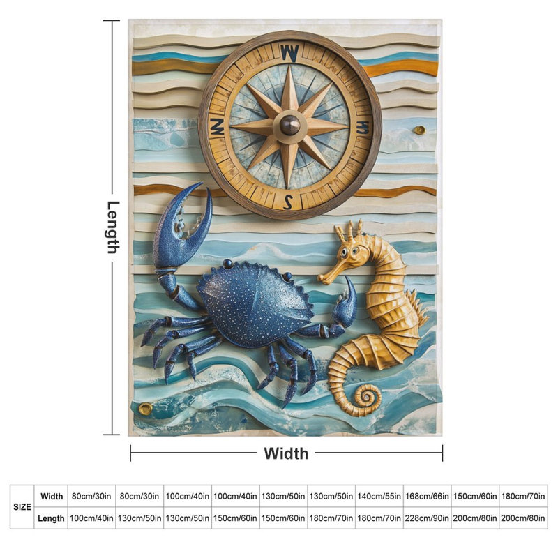 Jeté en flanelle de luxe Ocean Compass Crab Seahorse Waves, 60 x 80 po