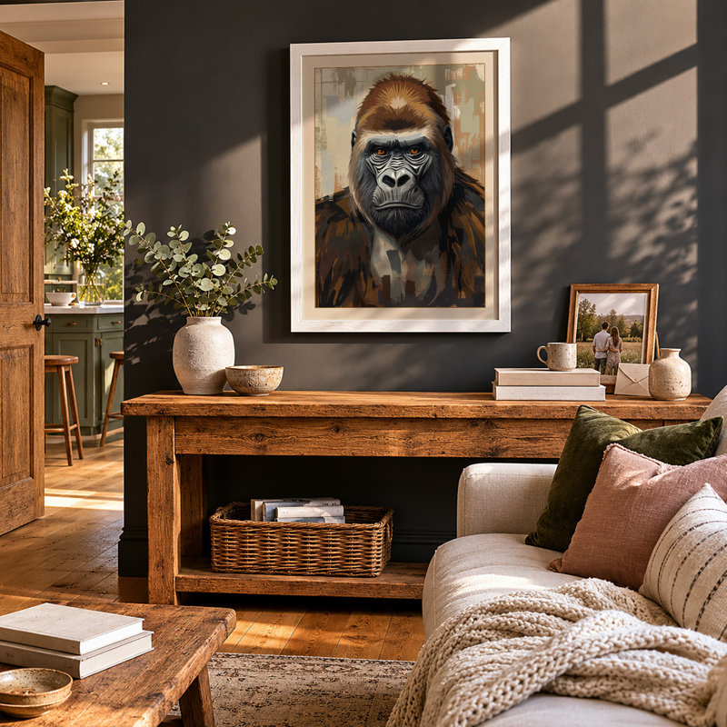 Gorilla's Contemplation Modern - Framed Print, A2 - 59.4 x 42.0 cm, White