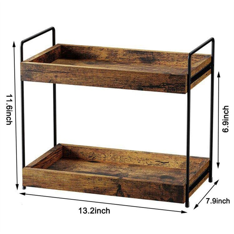 2-Tier Wood Bathroom Counter Organizer, Rustic Brown Countertop Spice Or Makeup Shelf