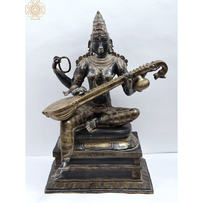 Statue de déesse en laiton de 26 po Saraswati déesse fabriquée à la main pour un temple, une salle d'étude ou un espace artistique