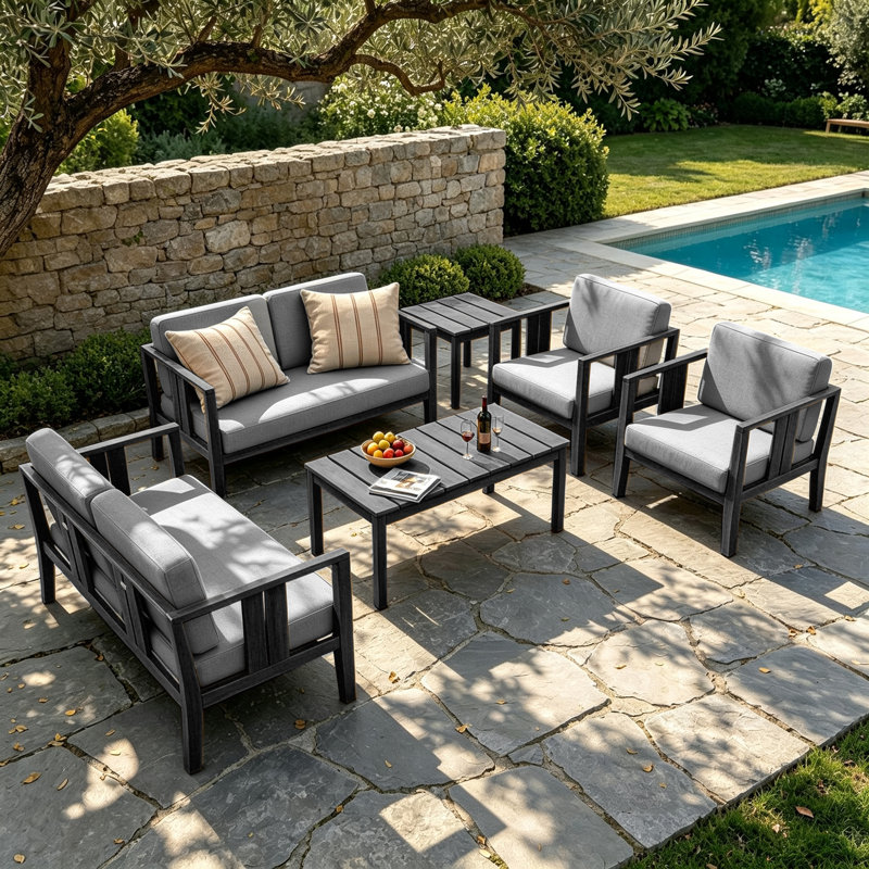 Ensemble de patio extérieur en teck Junco pour six personnes avec coussins et deux tables, Gris, Noir