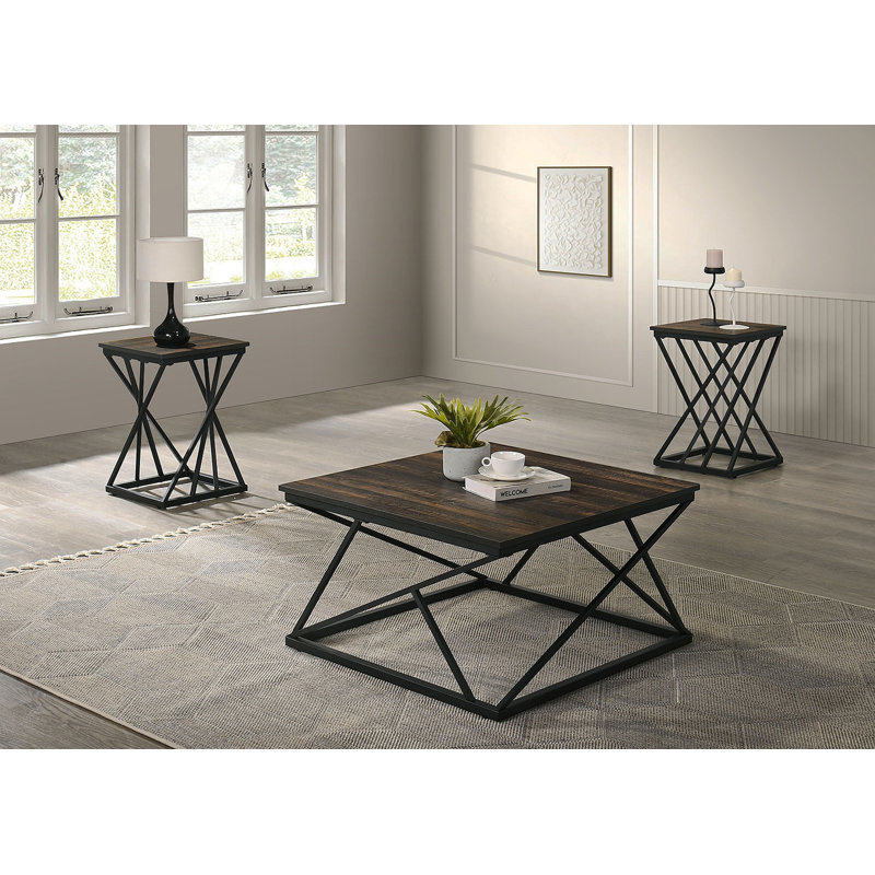 Ensemble de table rustique 3 pièces Table basse 1X Table de bout 2X, Marron foncé