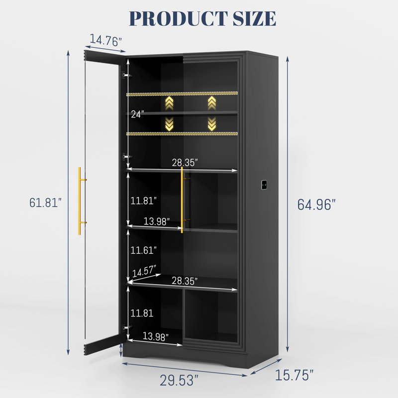 Armetha 65" 5-Tier Glass Display Cabinet, Antique Display Cabinet, Three-Color LED Strip with Sensor, Black