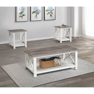 Table basse rectangulaire blanche et brun 3 et tables de bout carrées 3 - Mobilier de salon moderne