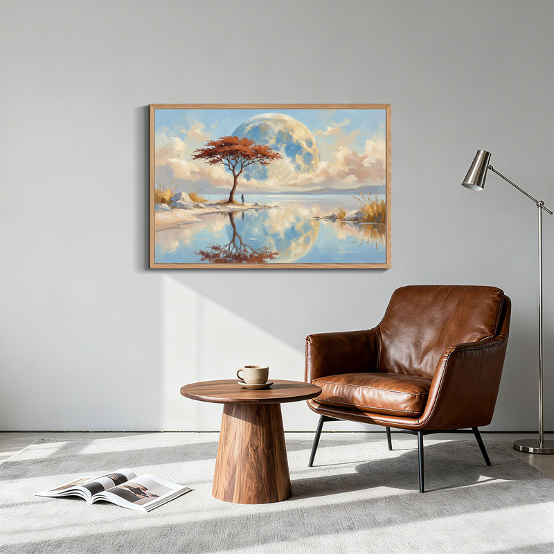 Tableau sur toile représentant une lune géante au-dessus d'un arbre rouge et le reflet d'une personne dans l'eau