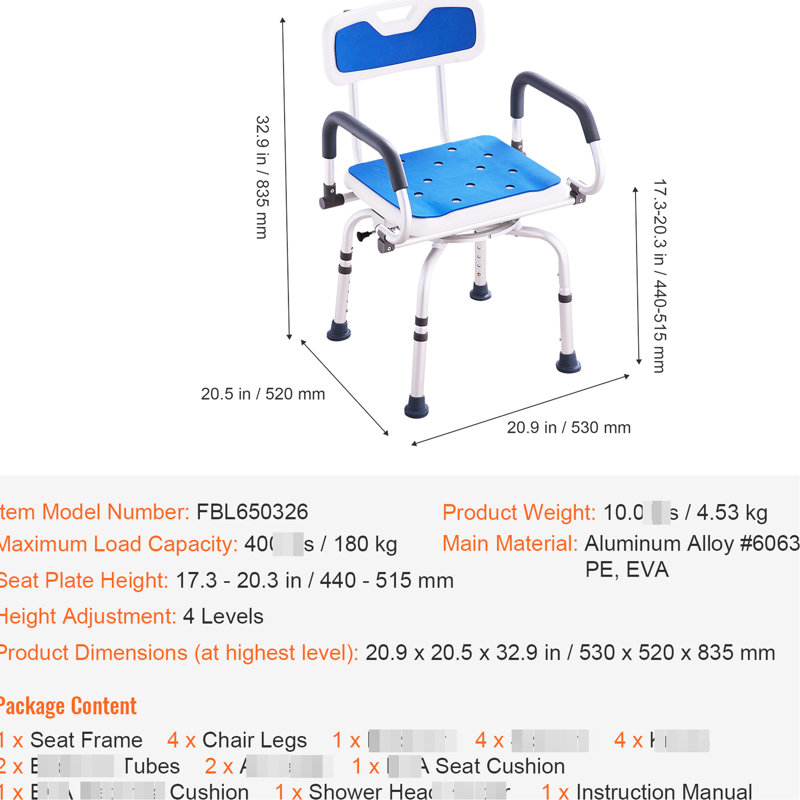 Siège de douche pivotant à 360° pour baignoire, avec accoudoirs, hauteur réglable, capacité de 181 kg, pieds antidérapants, confortable et moelleux. Chaise pivotante en alliage d'aluminium, accoudoirs à 4 niveaux, capacité de 181 kg, design élégant et facile à installer.