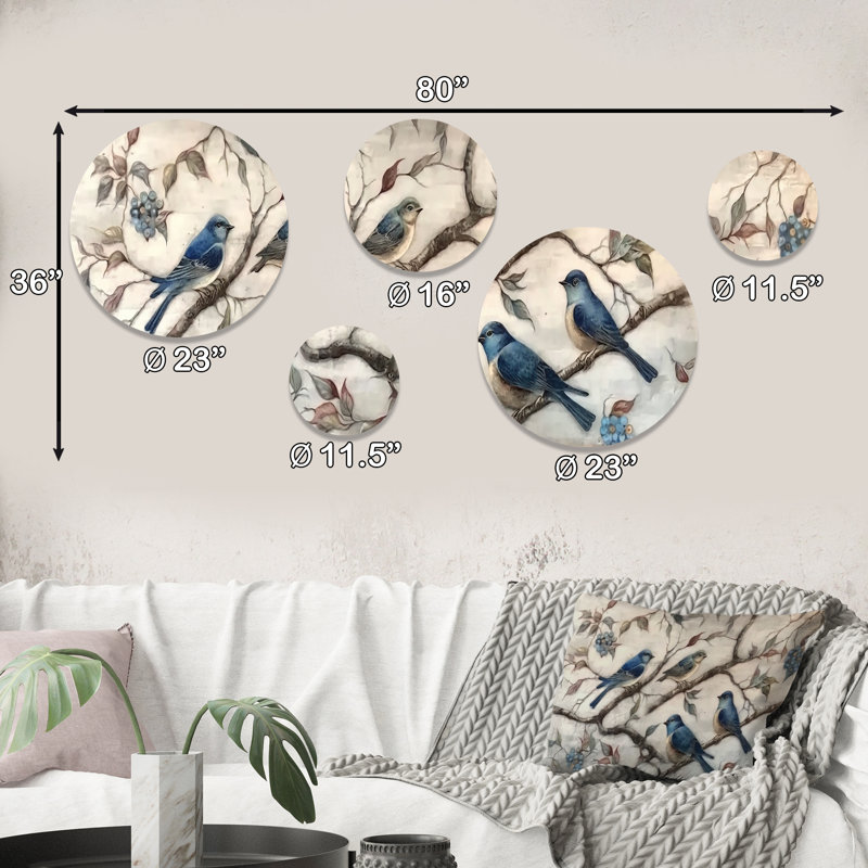 Décoration murale en métal «Quatre oiseaux bleus sur une branche II»