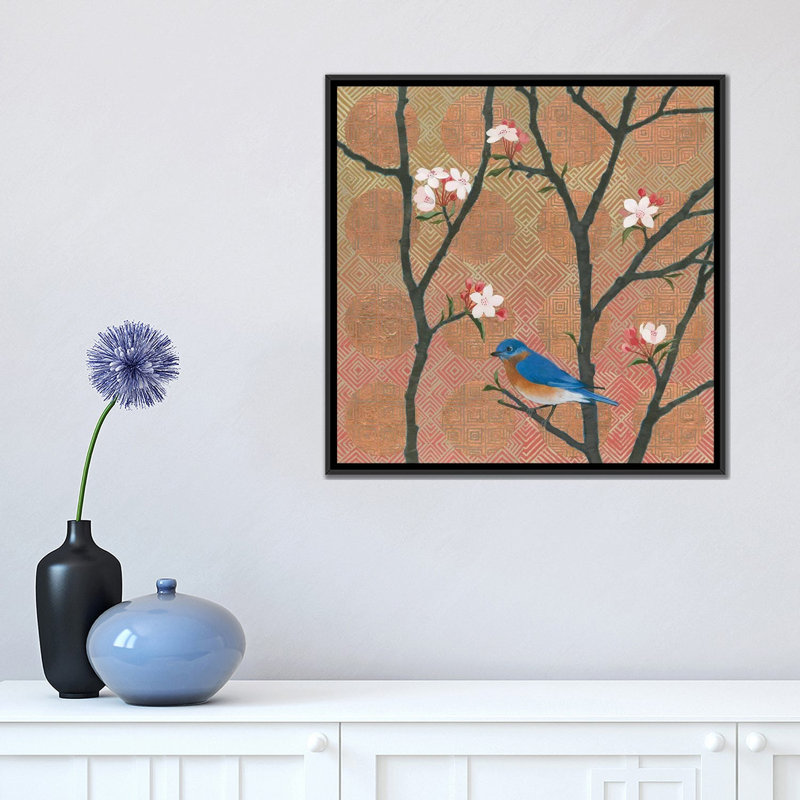 « cerise fleurs i », impression sur toile tendue, H 18 po x l 18 po x P 1,5 po, Toile avec cadre noir, Pas de tapis