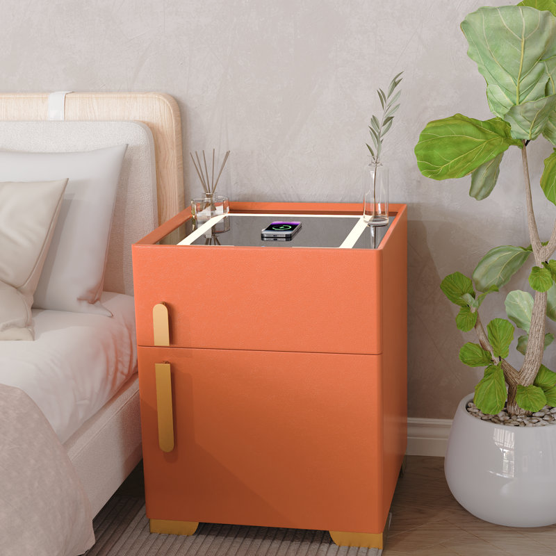 Modern 1 - Drawer Nightstand With Safe Case, Wireless Charging & Led Light (pre-assembled), Orange