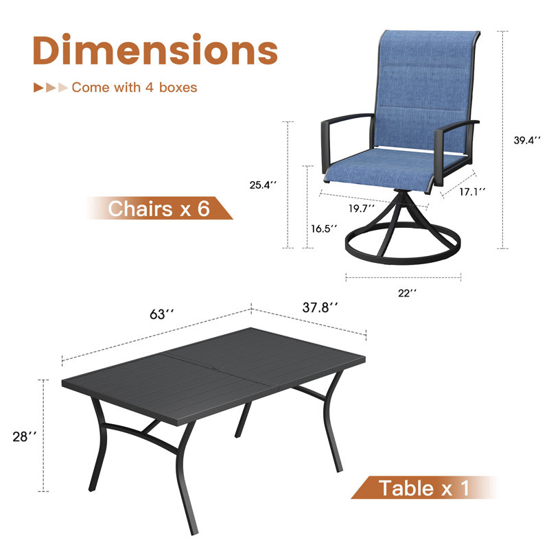 6 -Person Patio Dining Set with 63" Rectangular Dining Table and Padded PVC-coated polyester Swivel Chairs, Blue/Black