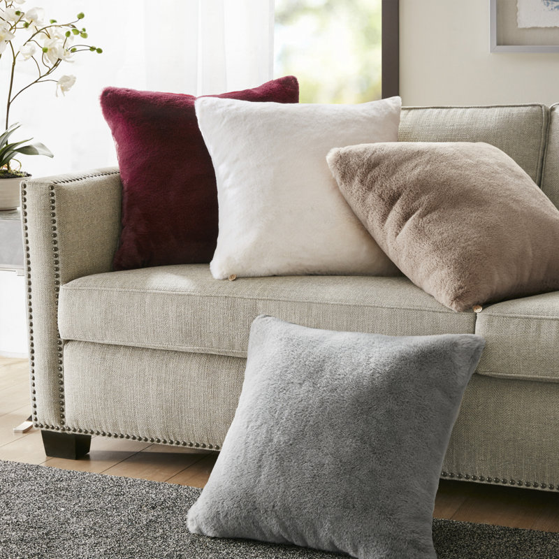 Ivory Faux Fur Square Throw Pillow with Polyfill