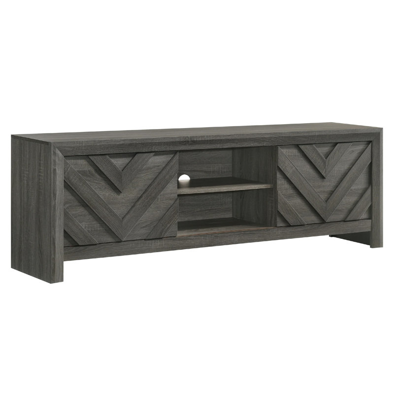 Velz TV Media Stand Cabinet, 2 Chevron Doors. Open Shelves, Dark Gray , Dark Gray