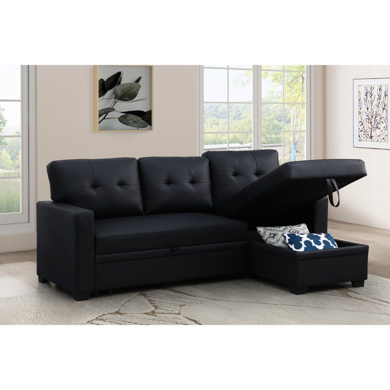 4 - Seat Black Linen Convertible With Pull Out Chaise And Storage, Removable Back Cushions, Twin Size Sleeper For Overnight Guests, 82 In Width, 53 Depth, 34.5 Height, 190.5 Lb Upholstered Wide,