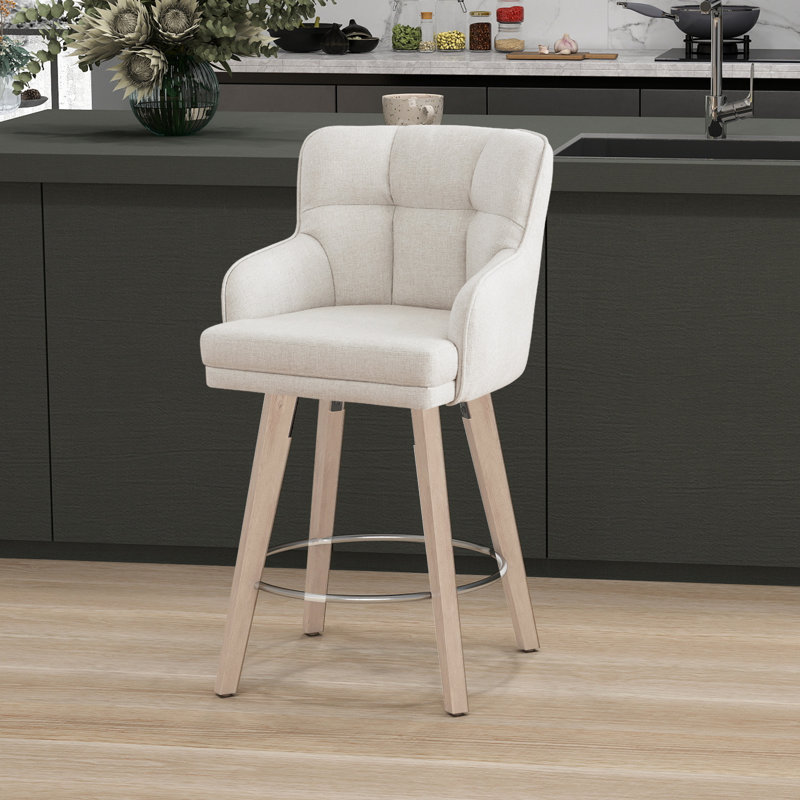 26''H Upholstered 360°Swivel Counter Height Bar Stools, Wood Legs Kitchen Island Chairs, Black Gray Seat/ Black Frame, 1