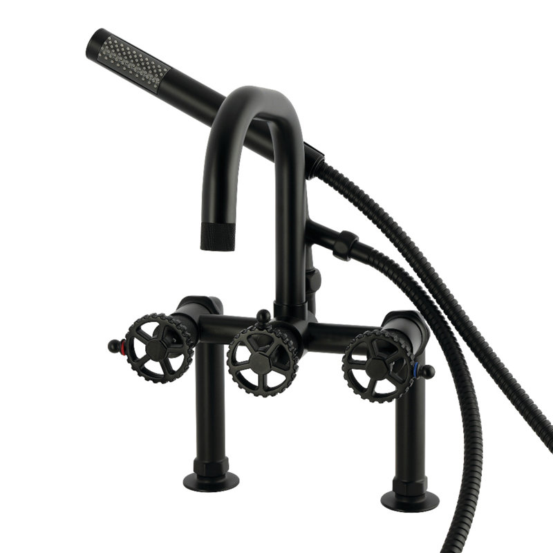Kingston Brass Fuller Three-Handle 2-Hole Deck-Mount Clawfoot Tub Faucet With Hand Shower, Matte Black