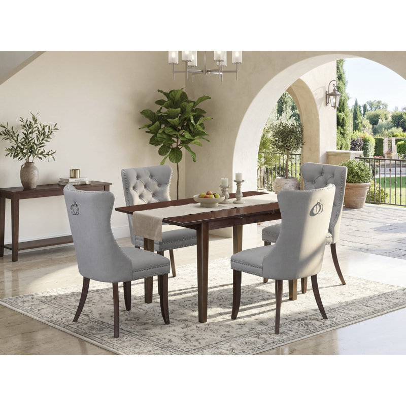 015BAB9D63B54F94852713176C56C8D4 5 Piece Kitchen Table Set Contains a Rectangle Dining Table with Removable leaf and 4 Parson Chairs, Mahogany