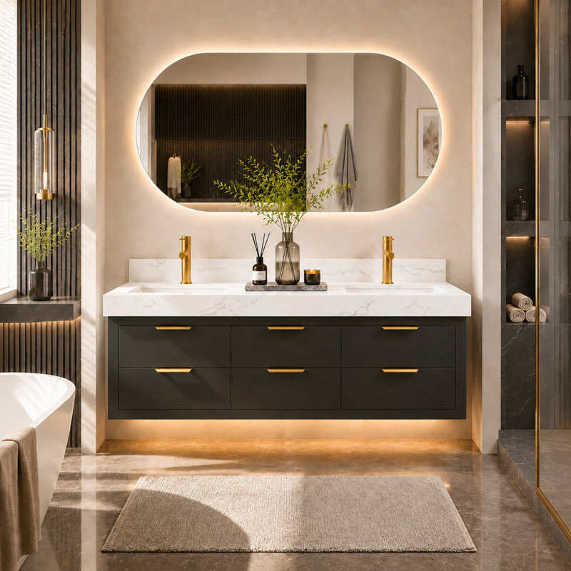 Ensemble de meuble-lavabo double 60 po avec lumière DEL, comptoir en pierre reconstituée, fabrication en bois massif et contreplaqué, 6 tiroirs à fermeture douce, meuble-lavabo flottant moderne Melora