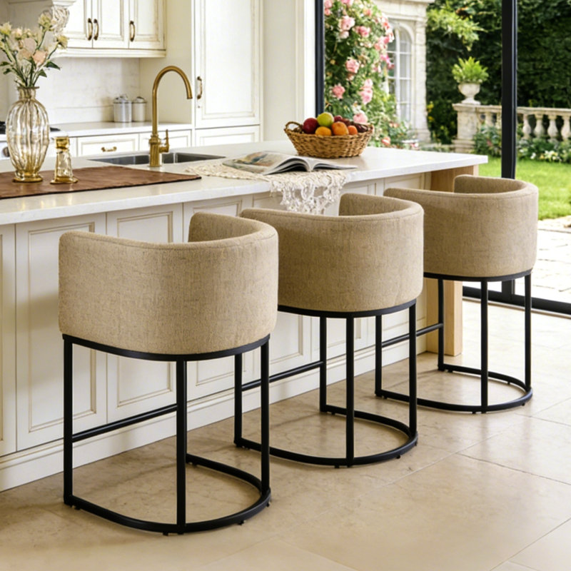 26" Upholstered Metal Barrel Counter Bar Stool, Green Seat/Black Frame, 3