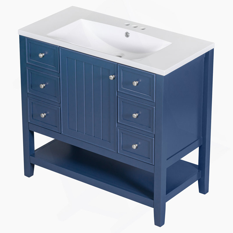 Meuble-lavabo 36 po avec lavabo, une armoire et trois tiroirs, panneau de bois massif et panneau de fibres à densité moyenne