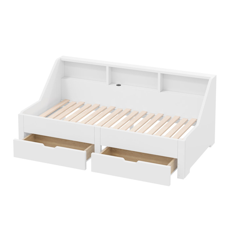 Lit de jour simple à très grand avec tiroirs de rangement, bibliothèques et station de charge USB intégrée, blanc, Blanc