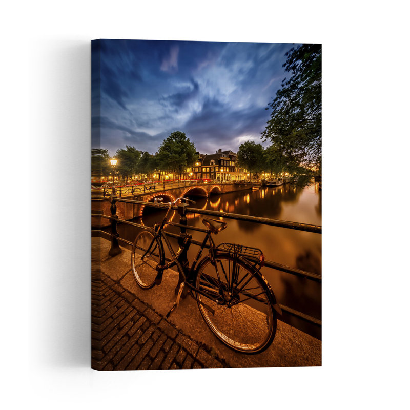 «Amsterdam Night Vélo Peaceful Romantic Serene Architecture City», reproduction d'art murale, 48" H x 32" W