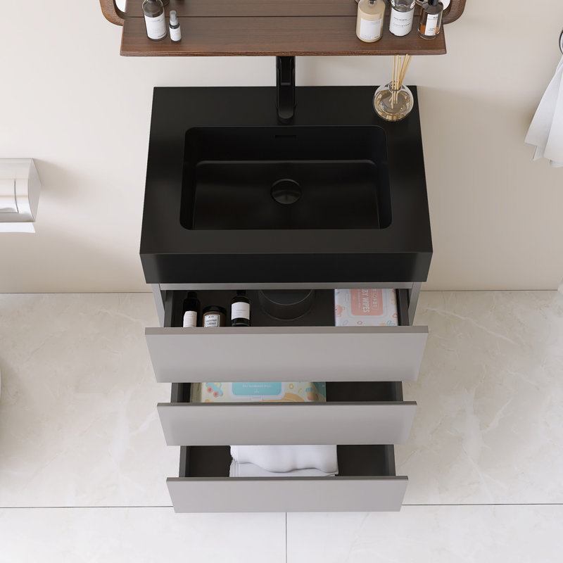 Meuble-lavabo simple autoportant 24 po avec lavabo en quartz noir, Gris, Noir, 24"