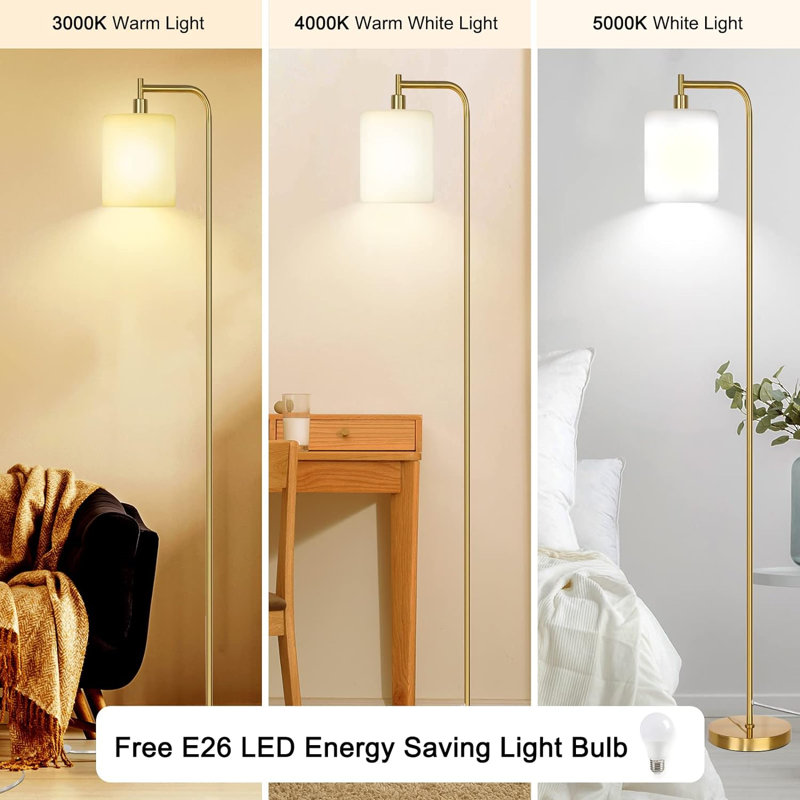 Floor Lamps For Living Room, Modern LED Standing Reading Light For Bedroom With Glass Shade, Tall Industrial 3 Colors Dimmable Pole Lamp With Foot Control For Home Office Corner Decor (Black)