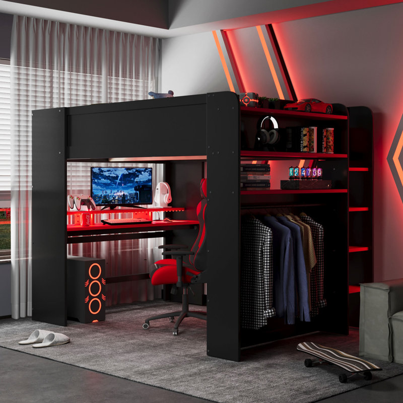 Full Size Loft Bed With Lighted Adjustable Desk, Open Wardrobe, And Bookcase, Black/Red