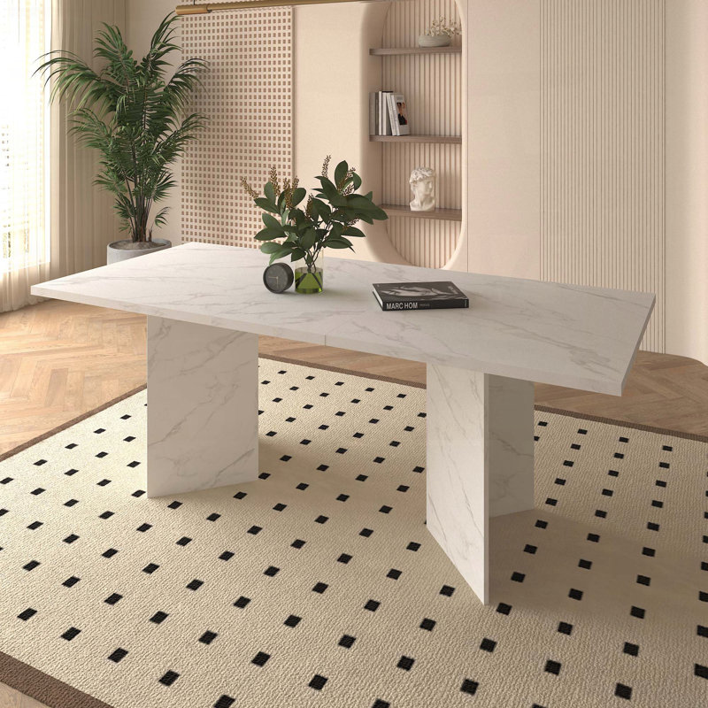 Table de salle à manger extensible pour 6 à 10 personnes - Finition moderne en faux marbre, blanc