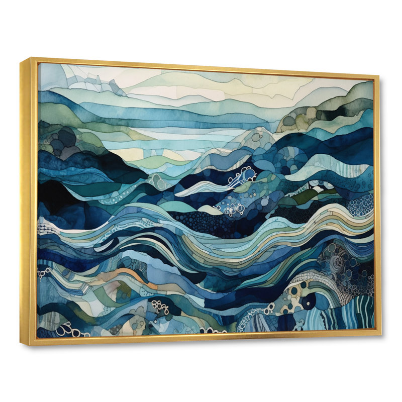 Vagues bleues dorées sur toile, H 16 po x l 32 po x P 1 po, Cadre flottant doré