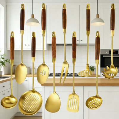 Ensemble d'ustensiles de cuisine en acier inoxydable 10 pièces avec poignée en bois - Outils de cuisine professionnels comprenant une spatule, une louche, un écumoire, un tourneur à fentes, une cuillère, une fourchette et un pilon