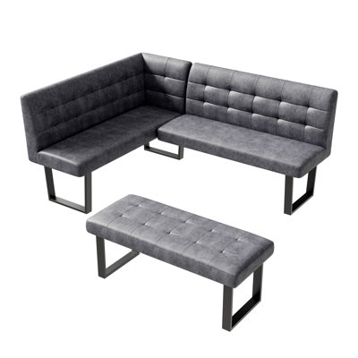2 Piece Modern Dark Grey Faux Leather Corner Bench And Backless Bench With Tufted Upholstery And Metal Legs