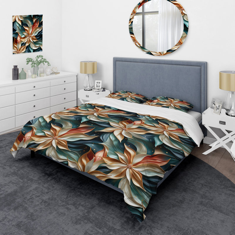 Ensemble de housse de couette Gold and Teal Cosmic Essence, Housse de couette pour très grand lit et 2 très