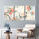 Ensemble de 3 tableaux muraux aquarelle représentant des camélias en fleurs, pour la décoration du salon et de la chambre.