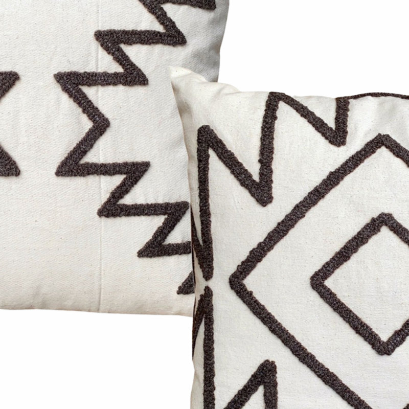 17 x 17 Inch White and Gray Cotton Embroidered Throw Pillow Set